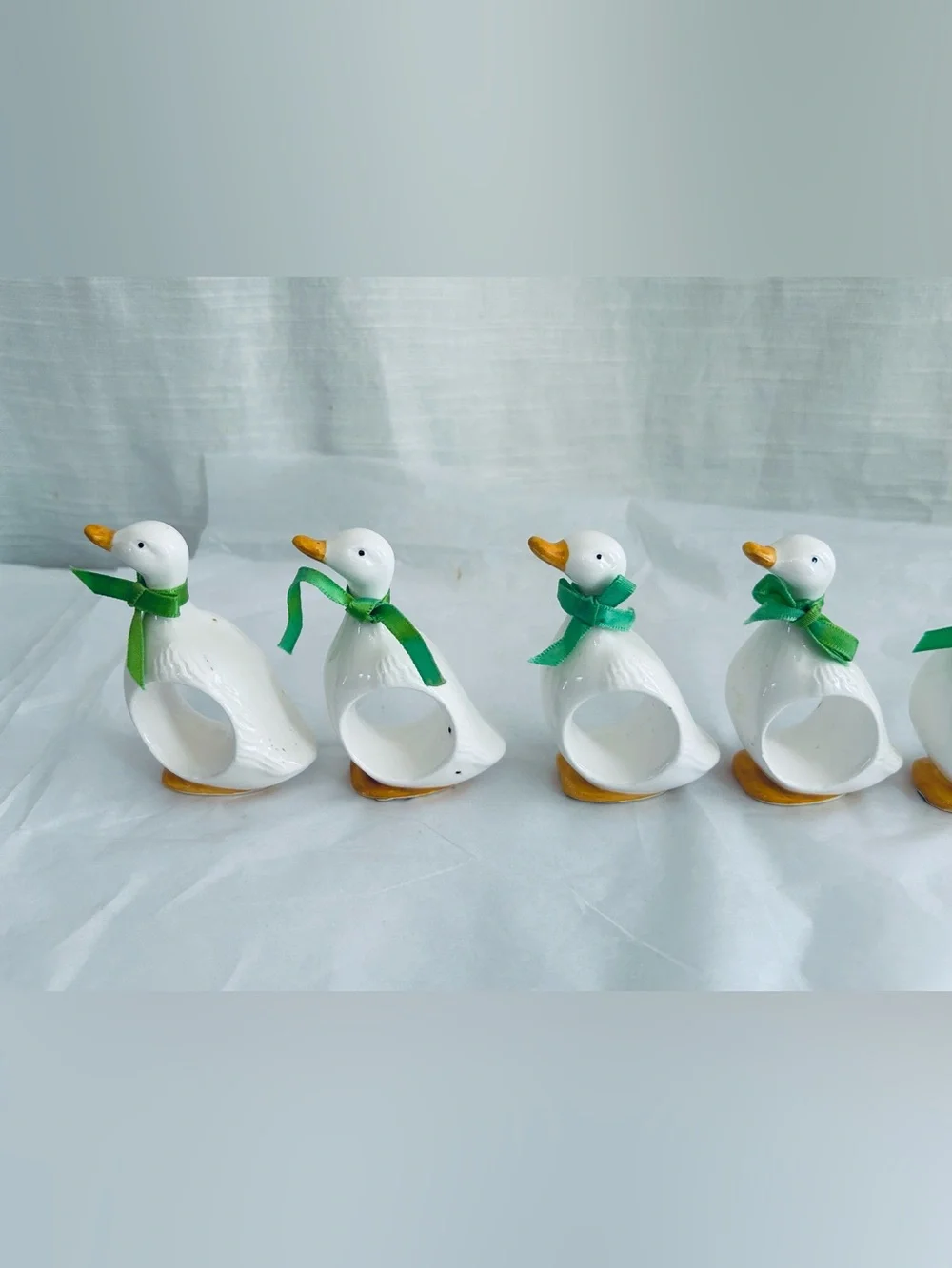 Vintage 1983 R, Gavalon Collectible Ceramic Duck Napkin Rings with Green Bows